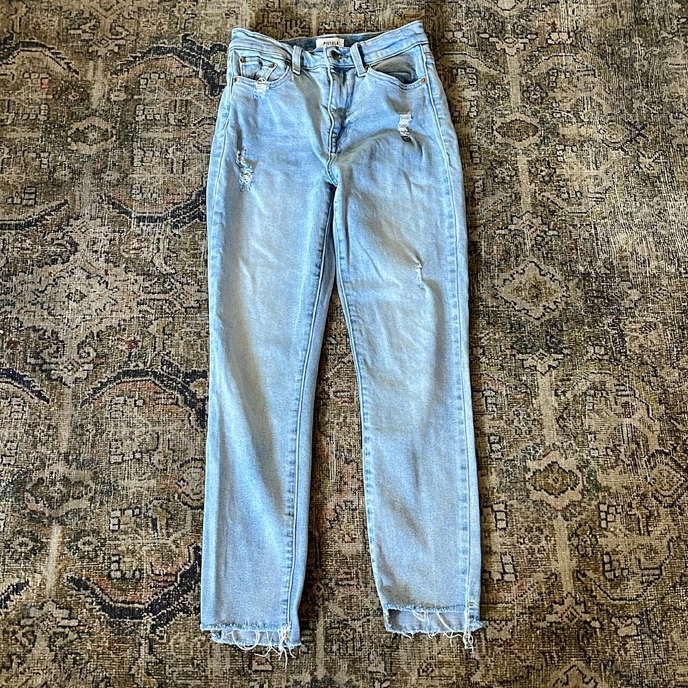 Pistola Cara Denim High Rise Vintage Skinny Ankle Raw hem Jeans Emerson Blue 27